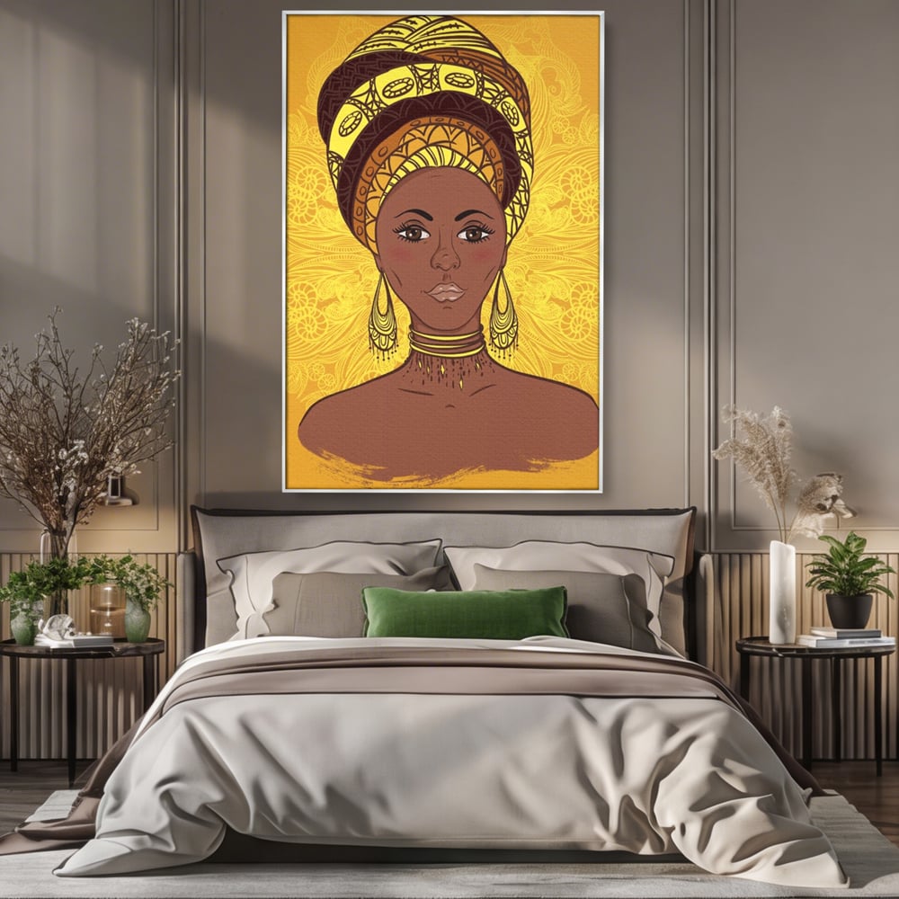 Tablou canvas cu ilustratie digitala cu femeie africana, in rama de aluminiu argintiu, pe perete intr-un dormitor